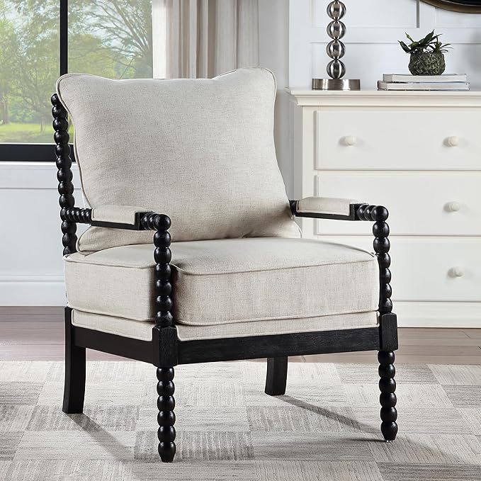 DUHOME Linen Fabric Spindle Accent Chair with Wood Frame,Bobbin Chair with High Resilience Spring Cushion and Armrest Pads, Leisure Armchair for Living Room Bedroom Farmhouse Home Office Belcony