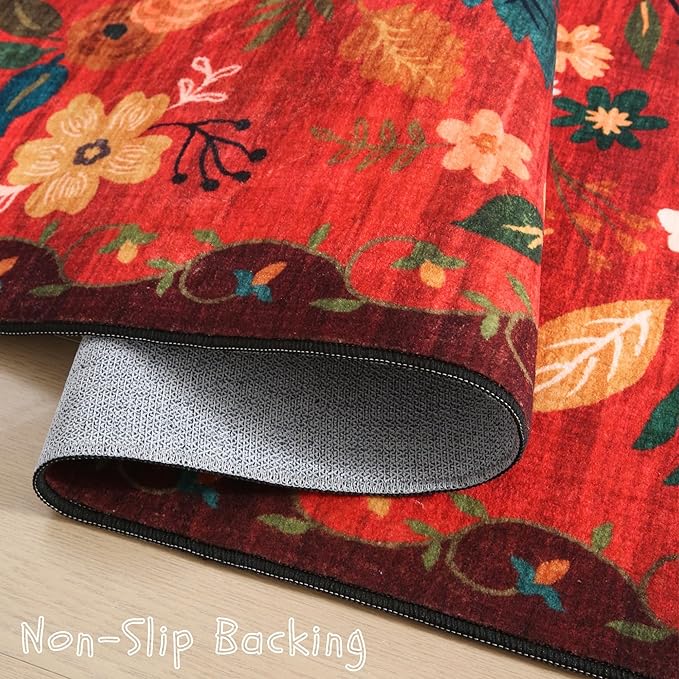 Runner Rug for Hallways Kitchen Rug Non Slip 2'6''x8' Washable Runner Rugs with Rubber Backing Soft Floral Carpet Runner for Hallways, Kitchen, Laundry, Bedroom, Bathroom(Red)