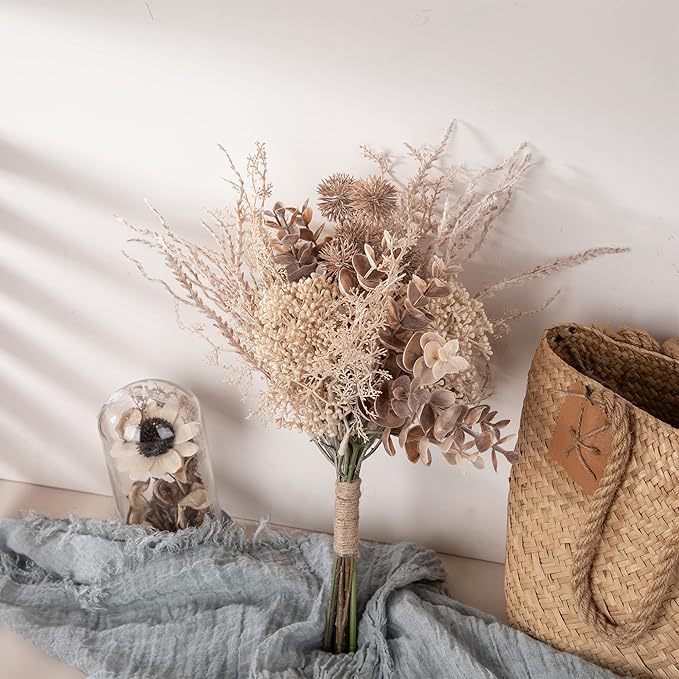 2 Pack Boho Artificial Flowers Plants Bouquet Decoration 13.8inch, Fake Plastic Brown Eucalyptus and Beige Grasses, Faux Floral Arrangement for Wedding Centerpieces Party Home Fall Decor