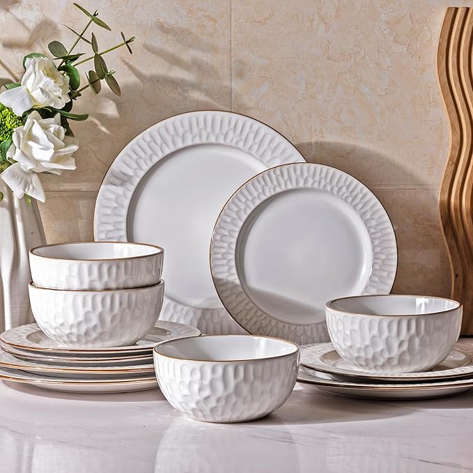 GBHOME Ceramic Dinnerware Sets,12 pcs Embossed Elegant Stoneware Plates and Bowls Sets, Housewarming Wedding Gift | Dishwasher & Microwave Safe | Dishes Set Service for 4