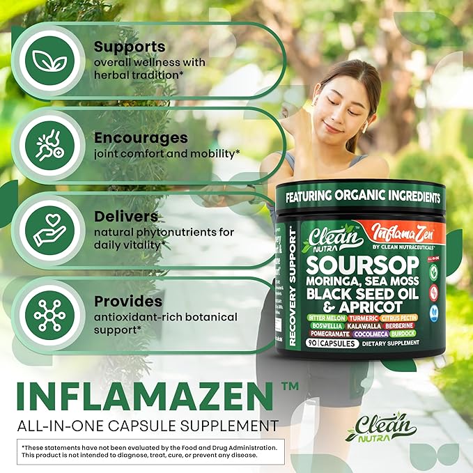 Clean Nutra Soursop Supplement Moringa Sea Moss Black Seed Oil Berberine Turmeric Resveratrol Quercetin Greens Bitters Boswellia Bitter Melon Burdock Root Antioxidant Support 90 Capsules