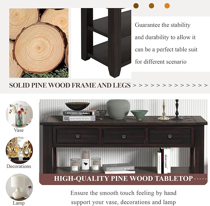 Solid Wood Console Table,Sofa Table with Storage Drawers and Bottom Shelf,Entryway Table for Entry Hallway Foyer,Fully Assembled (48.8" Distressed Black)