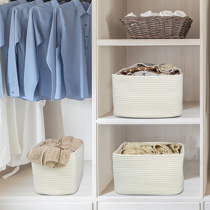 Cotton Rope storage Basket Bins Woven Basket for Organizing Shelves Rectangle Decorative Baskets For storage Clothes Toys Books Towels Square Wicker Nursery basket organizer 3 pack white