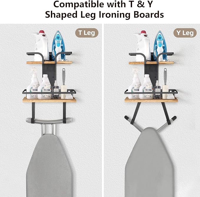 VINAEMO Ironing Board Hanger Wall Mount, 2-Layer Iron and Ironing Board Holder, Laundry Room Shelves Solid Wood with Removable Hooks Home Organization and Storage