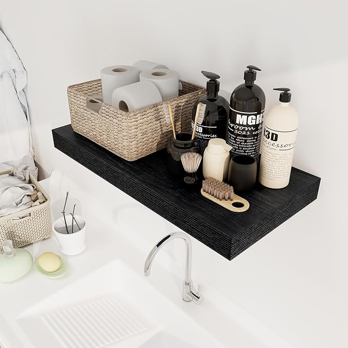 12 Inch Deep Black Floating Shelves, 24 x 12 Floating Shelf for Books, Rustic Wood Deep Wall Shelves for Home Storage & Display, 2" Thicked Shelves for Kitchen, Living Room, Bedroom, 2 Pack