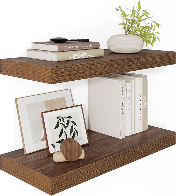 Wide Floating Shelves for Wall 12 Inch Deep, 24" X 12" X 2" Floating Shelf, 2 Inch Thick Shelf for Bathroom Bedroom Kitchen Book Room, Heavy Duty 55lbs Shelves for Farmhouse Decor Set of 2, Walnut