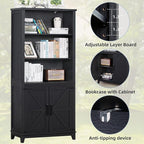 70in Tall Bookshelf 5 Tier Bookcase with Barn Doors and Adjustable Shelves, Black Farmhouse Book Shelf with Storage Cabinet, Wood Freestanding Display Bookshelves for Bedroom, Kitchen (2PCS)