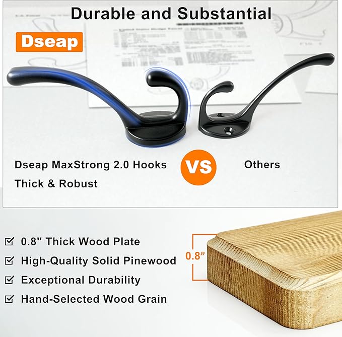 Dseap Coat Rack Wall: Patented, Heavy-Duty, 5-Double-Hooks Wooden Wall Mounted Coat Rack Coat Hanger Hook Rail for Winter Coats Hat Jacket Clothing, Weathered Green, Pack of 2