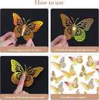 SAOROPEB 3D Butterfly Wall Decor - 48 Pcs, 4 Styles, 3 Sizes - Removable Gold Decorations for Birthday & Party Celebrations