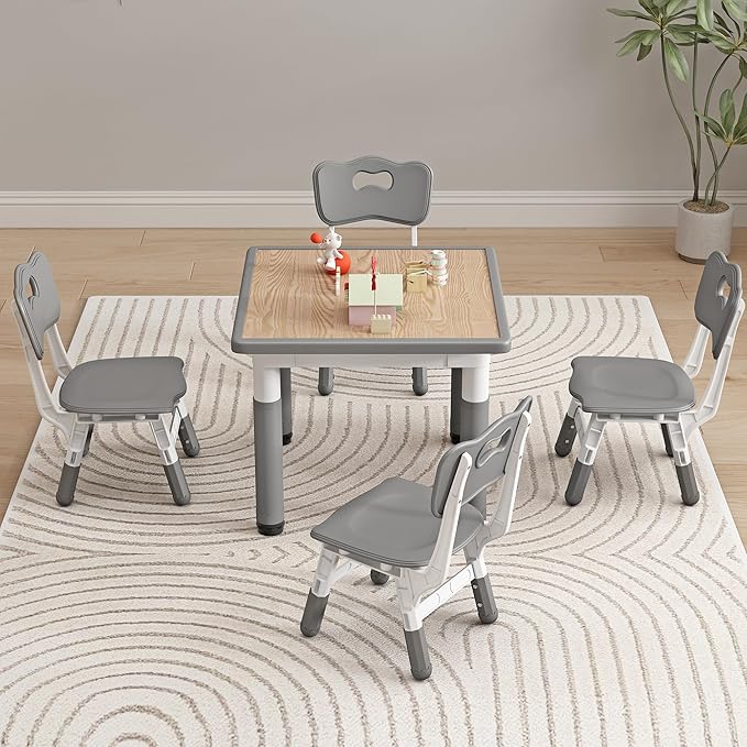 Kid Table and Chairs, Height Adjustable Childrens Table and Chair Set, Kids Tables for Age 2-8, Graffiti Desktop, Table for Kids with 4 Seats, Small Kids Table, Max 300lbs