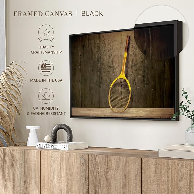 ElephantStock Vintage Tennis Racket Wall Art - Horizontal Framed Canvas - 1-Piece Living Room Wall Decor - Photography Sports Canvas Print - Brown and Black Decor for Wall - 31" X 21"