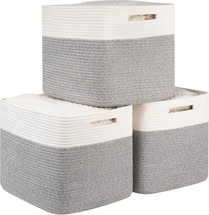 OIAHOMY 13 Kallax Inch Cube Storage Bins, 3-Pack Cotton Rope Woven Baskets for Organizing, Kallax Insert Storage Baskets for Shelves, Baby Nursery, Closet Organizer, 15*13*12.6IN, Grey & White