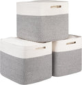 OIAHOMY 13 Kallax Inch Cube Storage Bins, 3-Pack Cotton Rope Woven Baskets for Organizing, Kallax Insert Storage Baskets for Shelves, Baby Nursery, Closet Organizer, 15*13*12.6IN, Grey & White