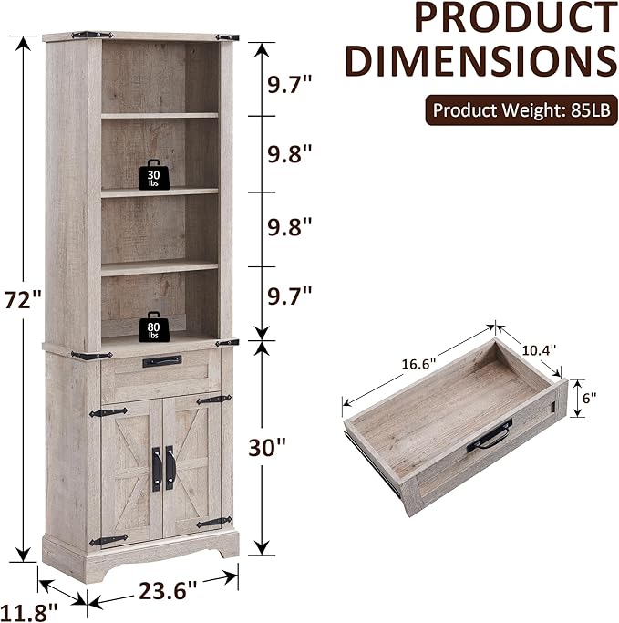 OKD 72'' Tall Bookshelf with Storage, Farmhouse 4 Tier Bookcase w/Barn Door, Adjustable Shelves and Drawers, Rustic Wooden Office Bookshelves for Home Bedroom, Living Room, Library (Light Rustic Oak)