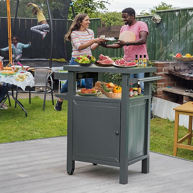 Domi Grill Carts Outdoor with Storage and Wheels, Whole Metal Portable Table and Storage Cabinet for BBQ,Deck,Patio,Backyard(Dark Grey)