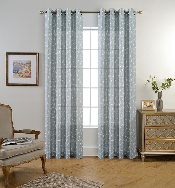 MIUCO Floral Embroidery Semi Sheer Curtains Faux Linen Grommet Curtains for Living Room 52 x 84 Inch 2 Panels Set, Sea Foam