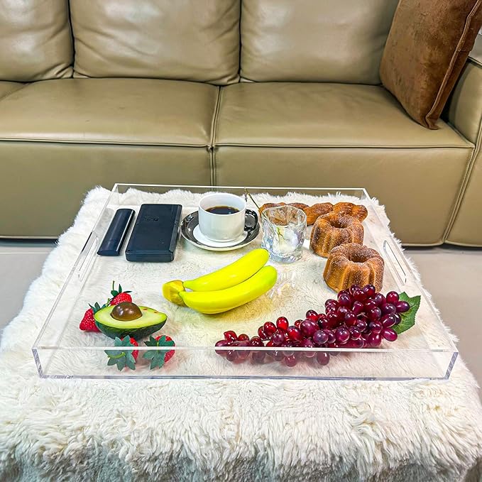 Clear Rectangular 18x20 Inches Acrylic Ottoman Tray Decorative Serving Tray with Cutout Handles Organizer Tray on Coffee Table Countertop Big Breakfast Bed Tray Living Room Appetizer Serving Food