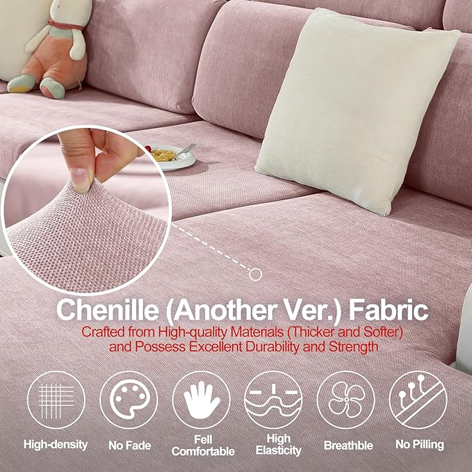 Sectional Couch Covers for L Shaped Sectional Sofa (Left or Right Facing) – Softer Chenille Sofa Covers Washable, Non-Slip Stretch Chaise Slipcover (Only 1PC Chaise Cushion Cover, Pale Pink)