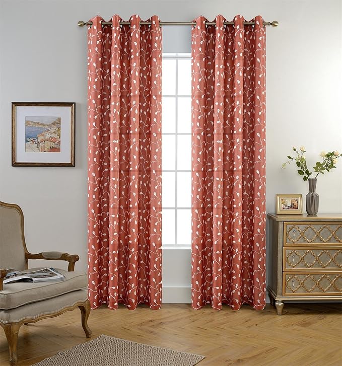 MIUCO Floral Embroidery Semi Sheer Curtains Faux Linen Grommet Curtain Panels for Kids Room 52 x 84 Inch 2 Panels, Rust