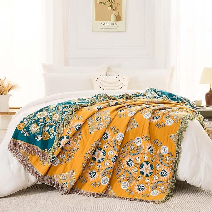 Boho Throw Blanket, 100% Cotton Ultra Soft Luxury Throw Rustic Quilt, Floral Printed Farmhouse Decor Bed Summer Blankets, All Season Rustic Reversible Bohemian Throw for Bed (90"x98" Yellow