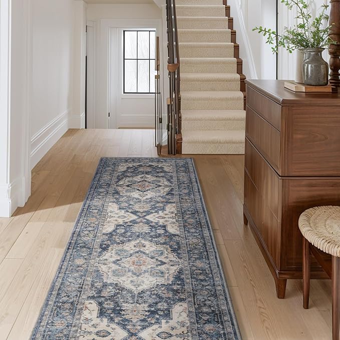AMOAMI-2X10 Runner Rug-Washable Runners for Hallways-Soft Non Slip Bedside Rugs for Bedroom-Vintage Long Rug for Hallways Entryway Laundry Room Stair Kitchen Bathroom Blue