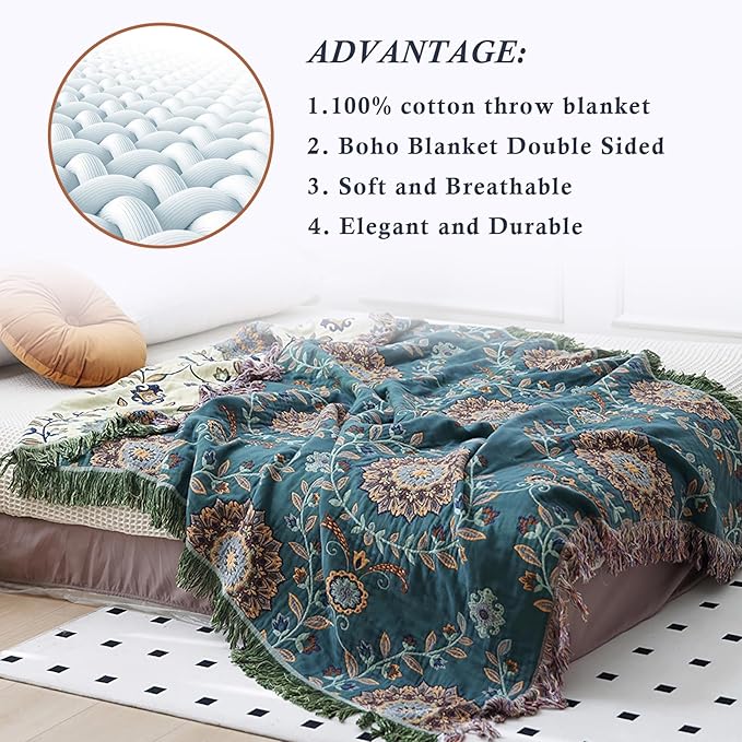 Snycler Boho Throw Blanket for Bed - 100% Cotton Ultra Soft Rustic Quilt - Blue Green Floral Printed Farmhouse Decor Bed Blankets, 60"×80" All Season Rustic Throw for Sofa Couch Chair