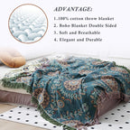 Snycler Boho Throw Blanket for Bed - 100% Cotton Ultra Soft Rustic Quilt - Blue Green Floral Printed Farmhouse Decor Bed Blankets, 60"×80" All Season Rustic Throw for Sofa Couch Chair