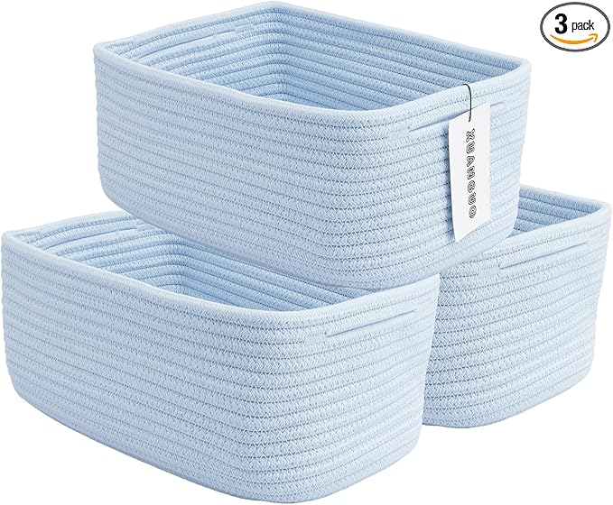 Small Woven Storage Baskets 12“X8”X5“ Decorative Rope Bins for Organizing Shelves, Closets, and Toys, Empty Gift Baskets, Cute Organizer Basket for Home and Office (blue, regular)