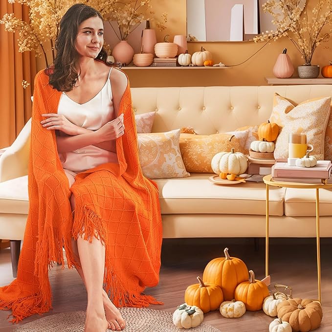 inhand Fall Throw Blanket Burnt Orange for Couch, Soft Living Room Home Decor Knitted Twin Size Blanket, Outdoor Lightweight Breathable Summer Blanket, Farmhouse Warm Woven Decorative, 60"x80"