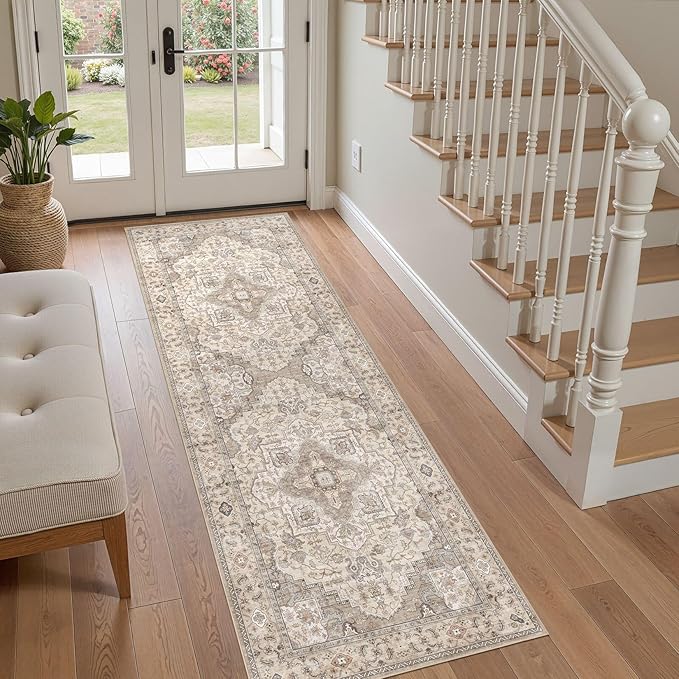 Washable 2x6 Runner Rug - Area Rugs Neutral Vintage Distressed Floral Farmhouse Boho Large Soft Floor Rug Indoor Carpet for Hallway Entryway Bedroom Kitchen - Brown/Multi