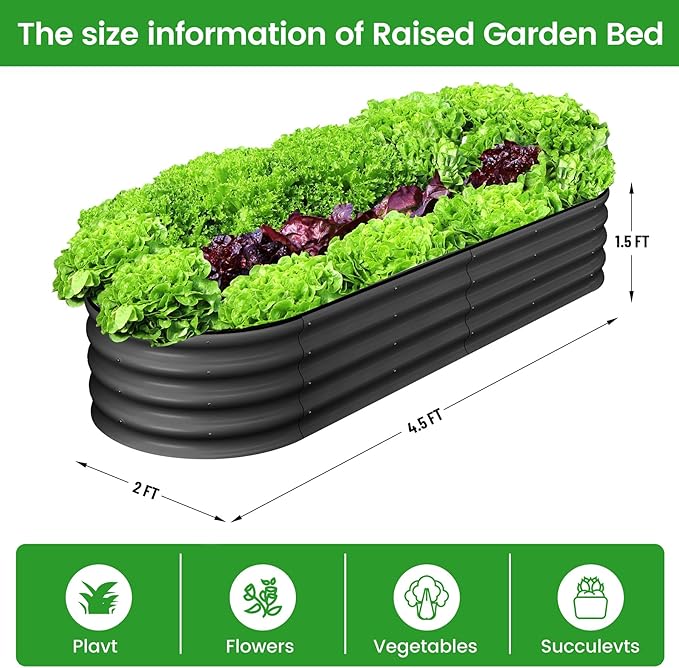2 Pcs 4.5x2x1.5ft Oval Raised Garden Bed,Galvanized Raised Beds,Open-Ended Base Metal Raised Planter Beds,Garden Bed Outdoor,Planter Raised Boxes for Vegetables, Flowers,Tool-Free Asse,Gray