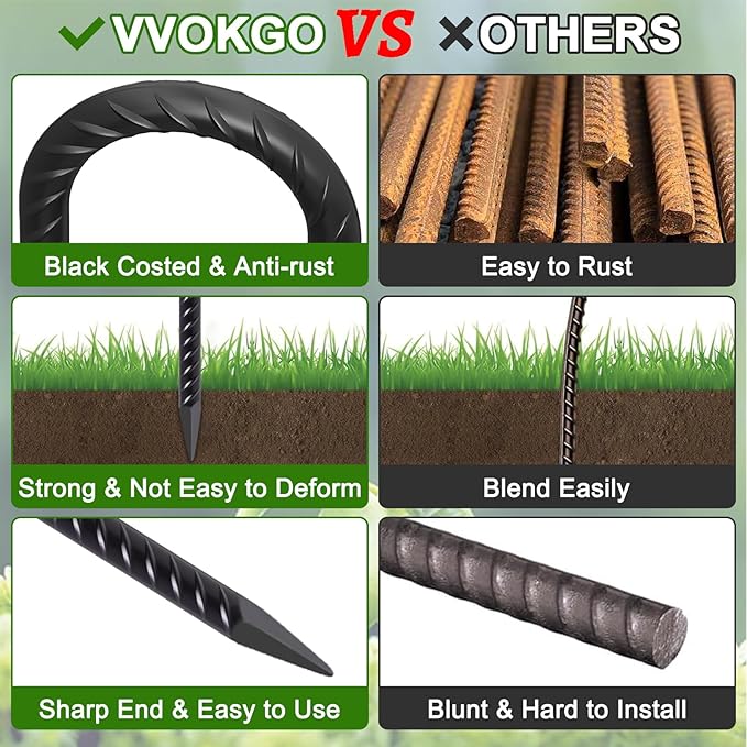 VVOKGO Rebar Stakes 16 Inches J Hook Heavy Duty Chain Link Fence Stakes, 8 Pcs Metal Long Tent Spikes Ground Anchors for Wire Fencing, Dogs Digging, Camping Tents, Swings, Greenhouse, Black