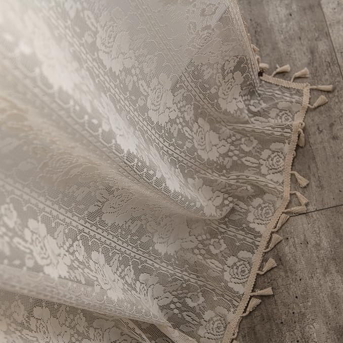 Sutuo Home Crochet Boho Curtains Rose Florals Embroidery, Sheer Lace Handmade Tassels Knitted Window Treatment Vintage Rustic Bohemian Farmhouse Drape for Bedroom Rod Pocket 1 Panel 59" W x 84" L