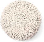 REDEARTH Round Pouf Ottoman –18"x18"x14" Hand-Knitted Cotton Pouffe –Cable Footstool –Boho Dori Hassock –Pre-Stuffed Poof – Extra Seat -Poofy Footrest for Living Room, Bedroom, Nursery, Nook –Ivory