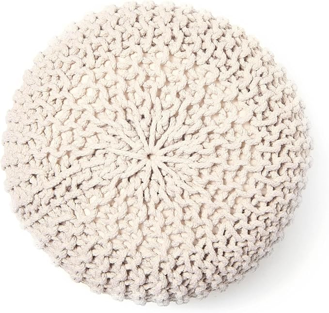 REDEARTH Round Pouf Ottoman - Cable Knitted Boho Poof - Home Décor Cord Pouffe Handmade Circular Footrest for Living Room - Bedroom - Kids Bedroom - 100% Cotton Pouf (19.5"x19.5"x14") - Natural