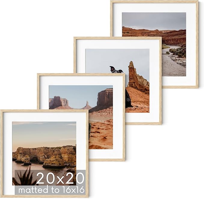 HAUS AND HUES Solid Oak Wood 20”x20” Picture Frames Matted to 16”x16” Set of 4 - Square Frames 20x20, Natural Picture Frames 20x20, Square Frame Wood, 20x20 Frames for Wall Art (Beige Oak Frames)