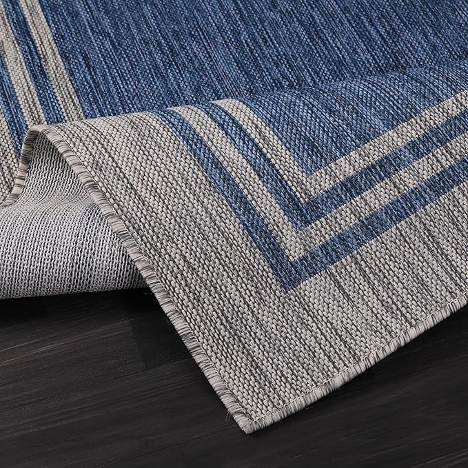 Bordered Outdoor Rug 6x9 Washable Outside Carpet for Indoor Patio Porch Waterproof Easy Cleaning Non Shedding Area Rugs Navy 6 x 9