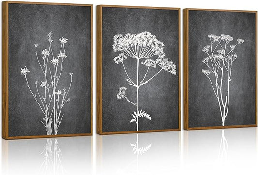 Tinonedraw Black and White Botanical Framed Canvas Wall Art Set, Vintage Floral Wall Decor, Dark Academia Minimalist Plant Art Paintings, Abstract Wildflower Art Print for Living Room Bedroom 16"x24"x3