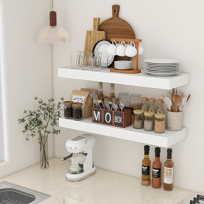 Deep Floating Shelves, 12'' Deep Rustic Large Floating Shelves Set of 2, White Shelves for Wall 36 Inches Long, Wood Shelves for Living Room Laundry Room Bedroom Kitchen Home Office - White