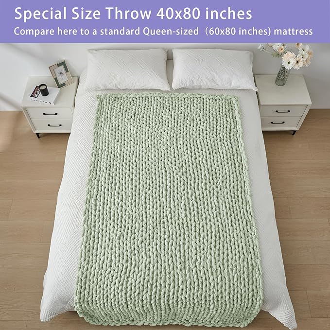Bigacogo Chunky Knit Throw Blanket for Couch, 40x80 inches, 100% Hand Knitted with Thick Jumbo Chenille Yarn, Cozy Soft Large Rope Knot Cable Crochet Blankets for Sofa Bed Living Room, Sage Green