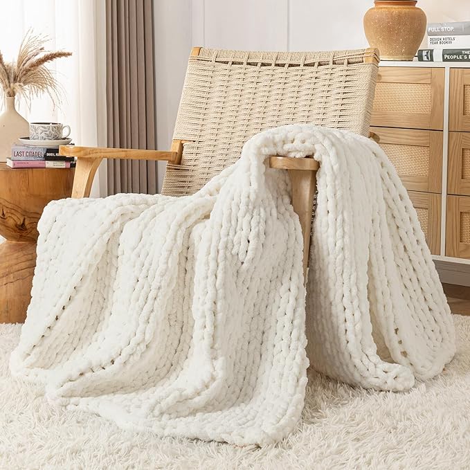 Chunky Knit Blanket Throw, 100% Hand Knit Throw Blanket Handmade Chenille Cable Knit Throw for Couch, Stylish Cozy Soft Rope Knot Crochet Blanket for Home Decor, Ivory, 50x60 Inches