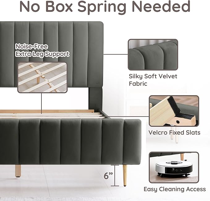 Livinia Twin Size Elton Velvet Platform Bed, Upholstered Bed Frame with Vertical Channel Tufted Headboard Footboard, Strong Wood Slats, No Box Spring Needed, Gray (Twin)