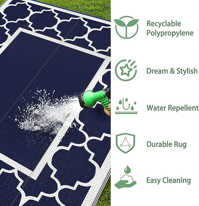 GENIMO 6' x 9' Outdoor Rug Waterproof for Patio Fall Decor, Foldable Reversible Plastic Straw Area Rugs Mat for Camper, Outside Carpet for Rv, Deck, Porch, Picnic, Beach, Balcony, Blue & Grey