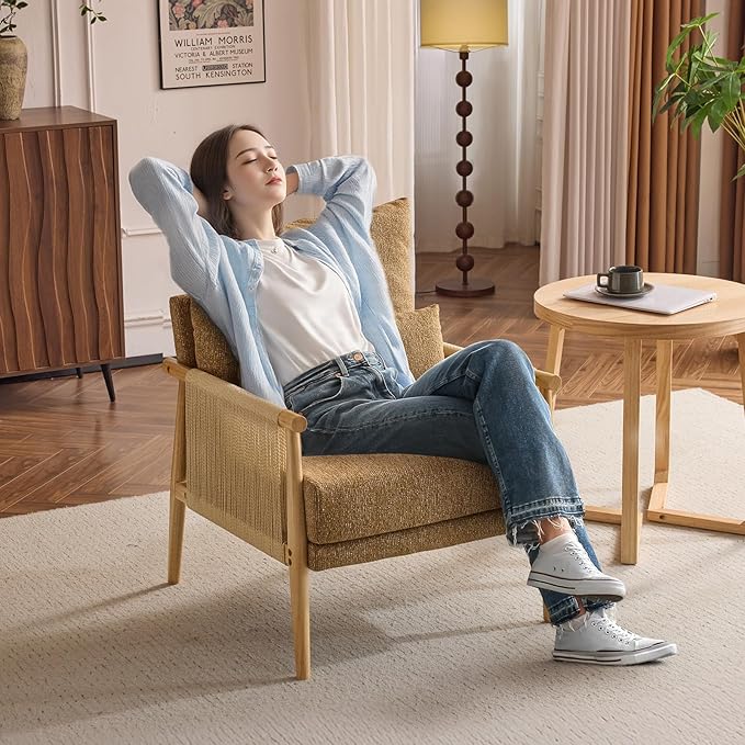 VINGLI Boho Braid Accent Armchair,Mid-Century Modern Chiar with Solid Wooden Armrest,Comfy Louge Cushion Chair with Waist Pillow for Bedroom,Living Room,Reading Room, Khaki