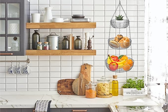 CAXXA 3-Tier Hanging Basket Fruit Organizer Kitchen Heavy Duty Wire Organizer with 2 Free Bonus Metal Ceiling Hooks, Chrome