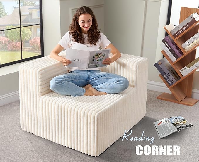 Modular Sectional Sofa 3-Seater Modular Couch with Deep Seat Memory Foam Cloud Chair with Pillows Oversized Sectional Sofa for Living Room Bedroom (Strip White, 3-Seater)