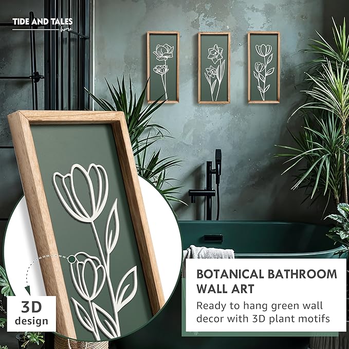 3D Floral Green Wall Art (Set of 3) Lightweight, Wooden Ready-to-Hang Boho Framed Wall Art for Bathroom, Master Bedroom, Living Room or Office - Premium Sage Green Farmhouse Decor - Gift-Boxed
