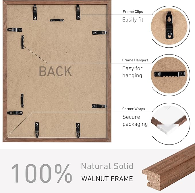 12x16 Picture Frame Natural Solid Walnut Photo Frames with 8.5x11 Removable Mat Wall Hanging Large Handcrafted Frame with HD Plexiglass Wall and Tabletop Display Large Poster Frame