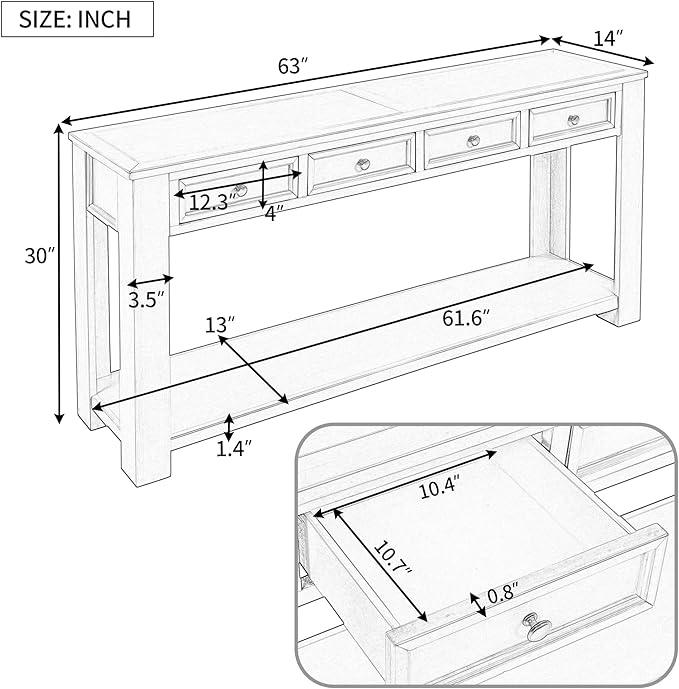 White Console Table,Solid Wood Sofa Table with 4 Drawers Hallway Table for Storage Entry Foyer Behind Couch Table,Fully Assembled (63" White)