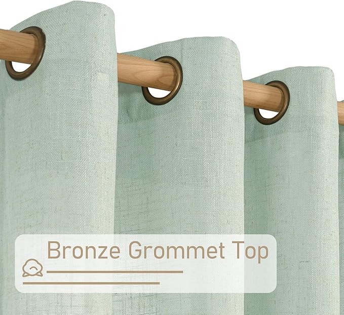 LAMIT Light Sage Linen Curtains 90 Inch for Bedroom, Bronze Grommet Linen Textured Semi Sheer Curtains Light Filtering Drapes for Living Room/Farmhouse, 2 Panels, 52 x 90 Inch